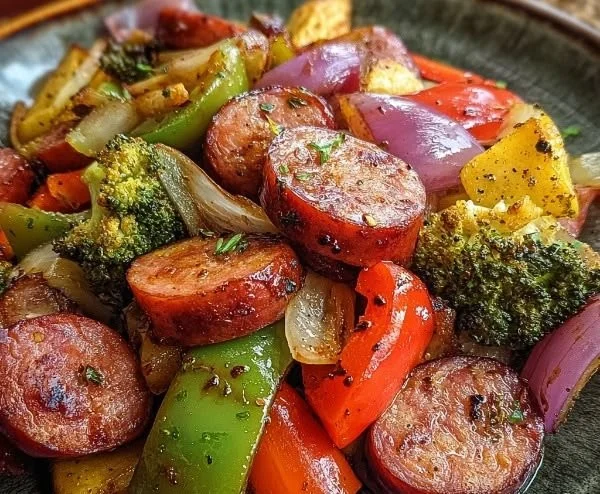 Plate of Honey Garlic Kielbasa served with colorful veggies