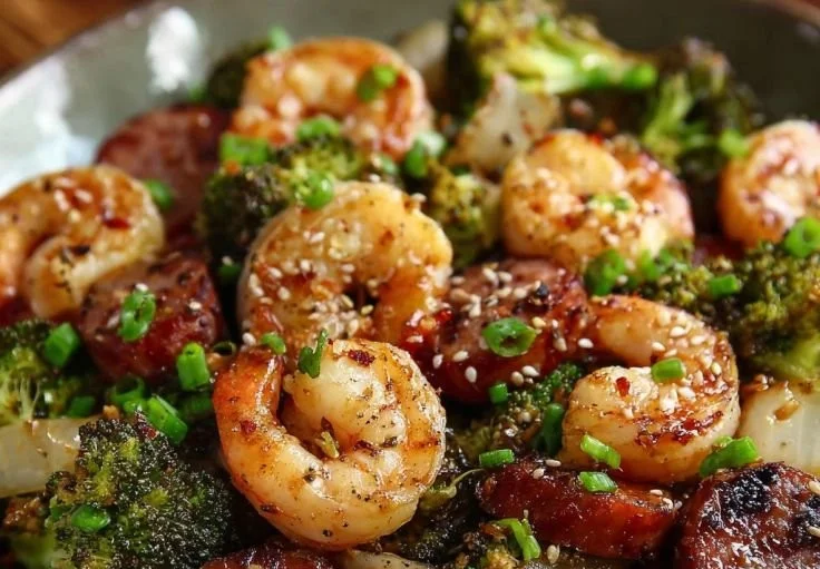 Delicious Honey Garlic Shrimp and Sausage Skillet served on a plate