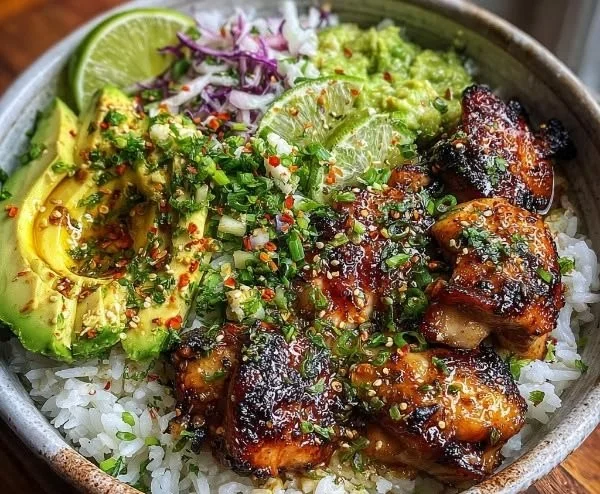 Honey Lime Chicken served with Avocado Rice in a vibrant bowl