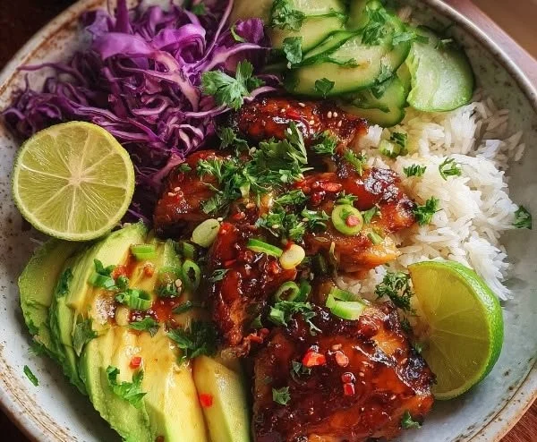 Hot Honey Chicken Bowl with crispy chicken and spicy honey drizzle