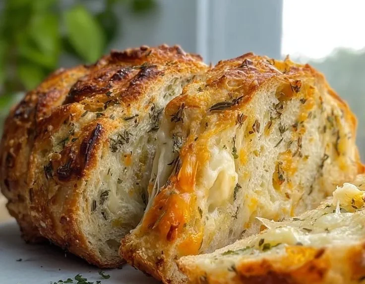 Loaf of Italian herb and cheese bread with melted cheese and fresh herbs