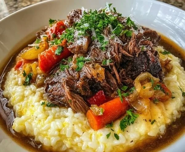 Italian-inspired pot roast served with creamy risotto on a dinner plate.
