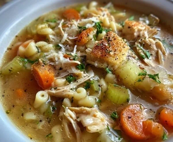 Bowl of Italian Penicillin Soup garnished with herbs and spices