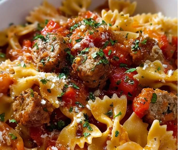 Plate of Italian sausage served with bow tie pasta and fresh herbs.