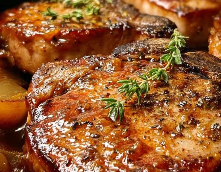 Juicy apple butter pork chops served with garnishes for dinner