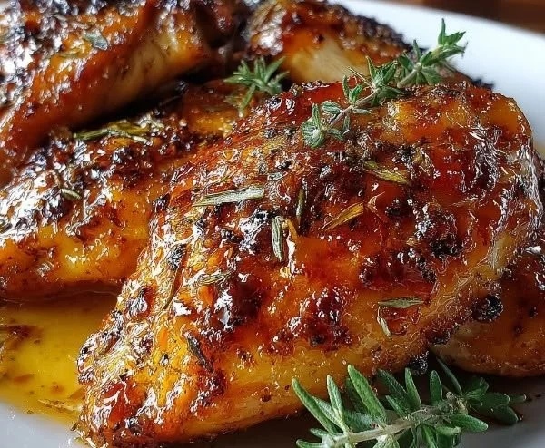 Juicy baked chicken breast served with herbs and spices
