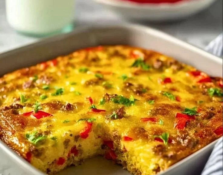 Crustless sausage and pepper quiche served on a plate