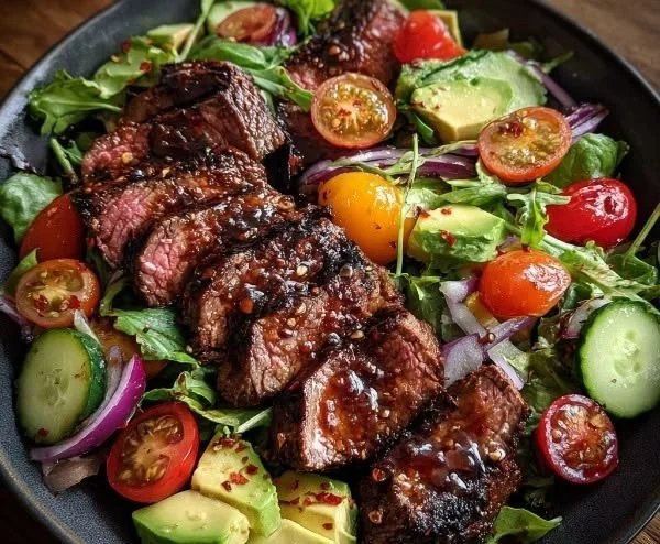 Juicy grilled steak salad with fresh vegetables and a delicious dressing