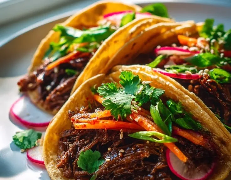 Delicious Kimchi Bulgogi Tacos with tangy pickled veggies on a wooden plate
