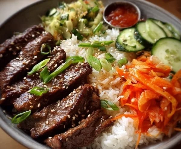 Delicious Korean BBQ Steak Bowl with vibrant vegetables and tender beef.