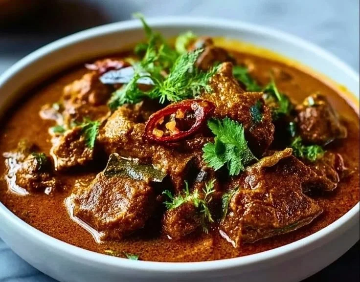 Bowl of flavorful lamb curry garnished with fresh herbs