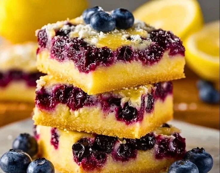 Delicious lemon blueberry bars with a creamy lemon topping and fresh blueberries