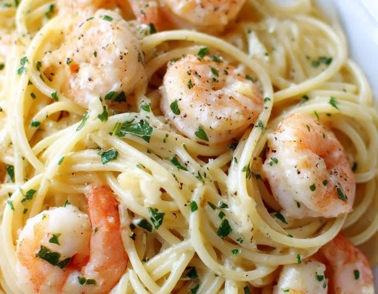Lemon Butter Shrimp Spaghetti garnished with parsley on a white plate