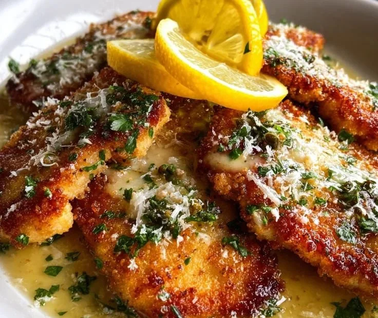 Delicious Lemon Chicken Romano served with herbs and a sprinkle of Romano cheese