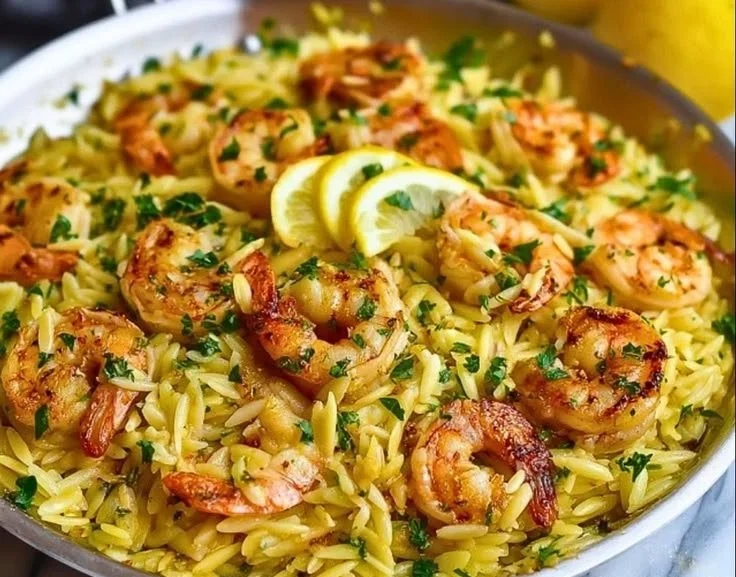 Delicious Lemon Garlic Shrimp served with orzo pasta