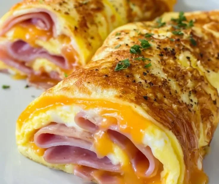 A plate of low-carb breakfast roll-ups filled with eggs and vegetables.