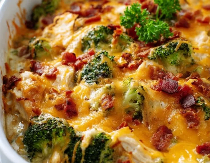 Low carb chicken casserole served in a dish with vegetables and cheese