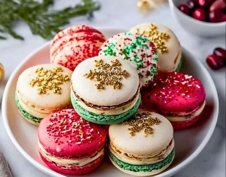 Colorful macarons decorated for Christmas festivities
