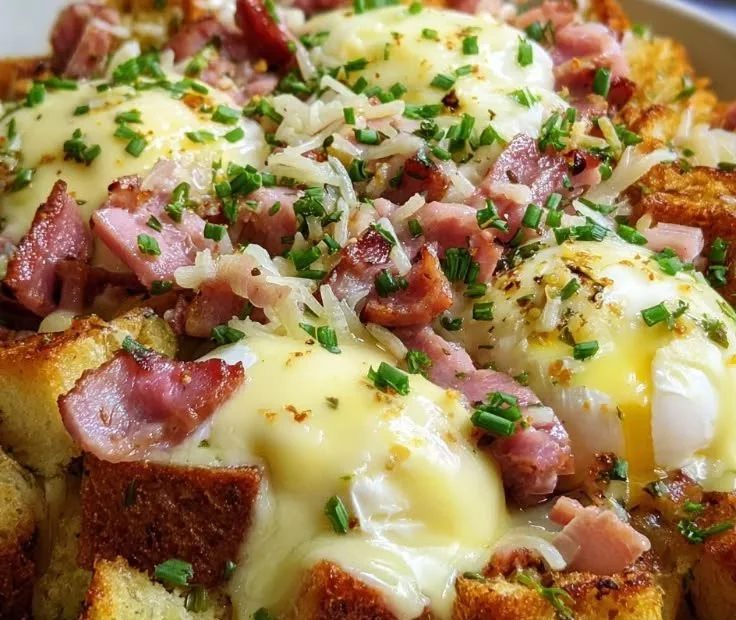 Delicious make-ahead eggs benedict casserole baked to perfection