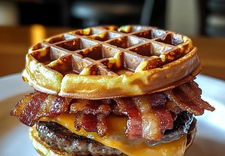 Delicious Maple Bacon Waffle Burger topped with bacon and syrup