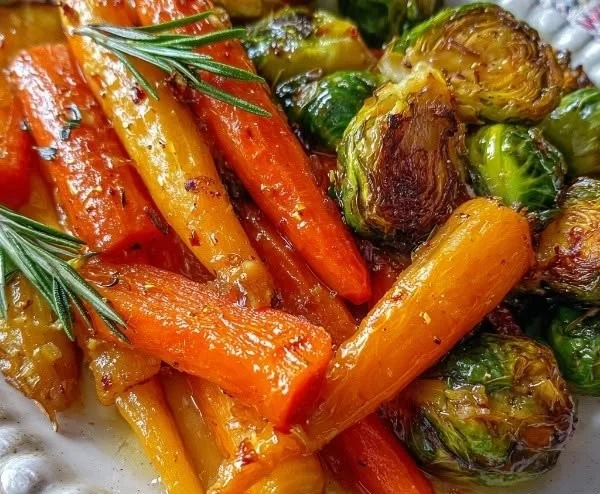 Maple-glazed roasted carrots served with Brussels sprouts on a plate