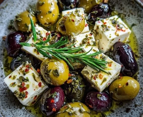 Bowl of marinated olives with feta cheese as a delicious appetizer