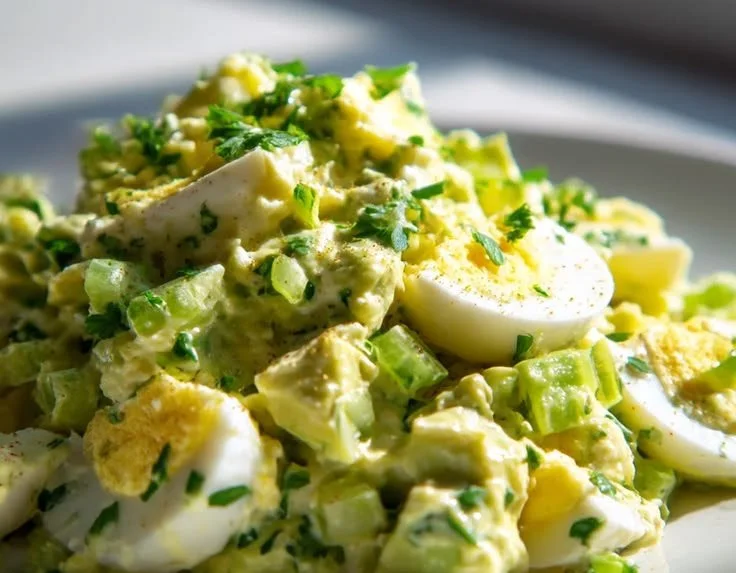 Mediterranean avocado egg salad served in a bowl with fresh ingredients