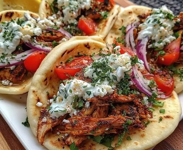 Mediterranean Chicken Gyros served with fresh toppings in a pita