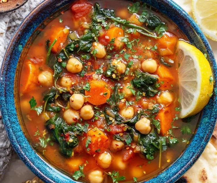 Bowl of hearty Mediterranean soup with fresh vegetables and herbs