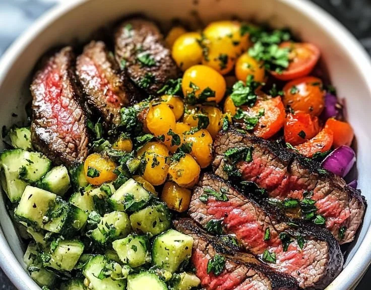 Mediterranean steak bowls with grilled vegetables and herbs