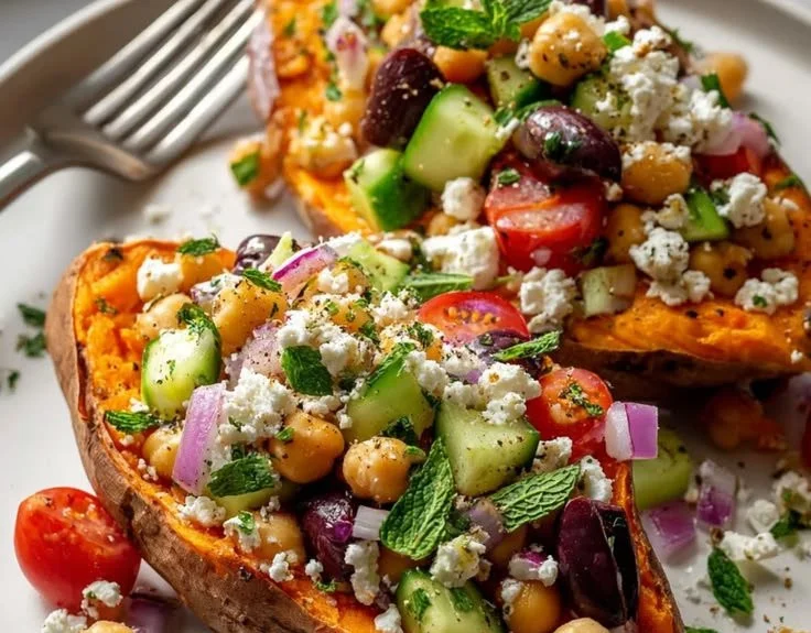 Mediterranean stuffed sweet potatoes topped with herbs and vegetables