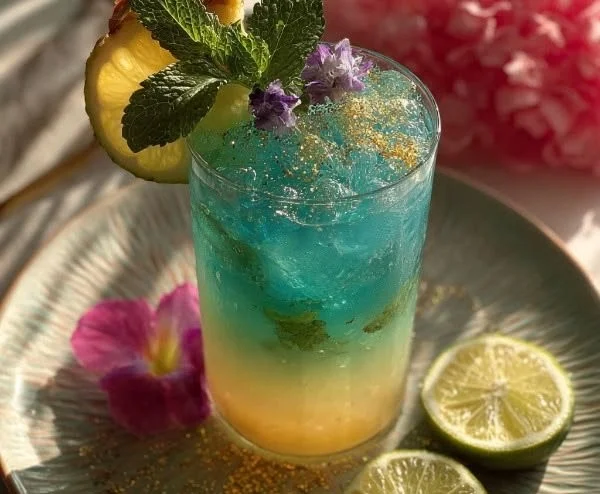 Refreshing Mermaid Water Mocktail garnished with fresh fruits
