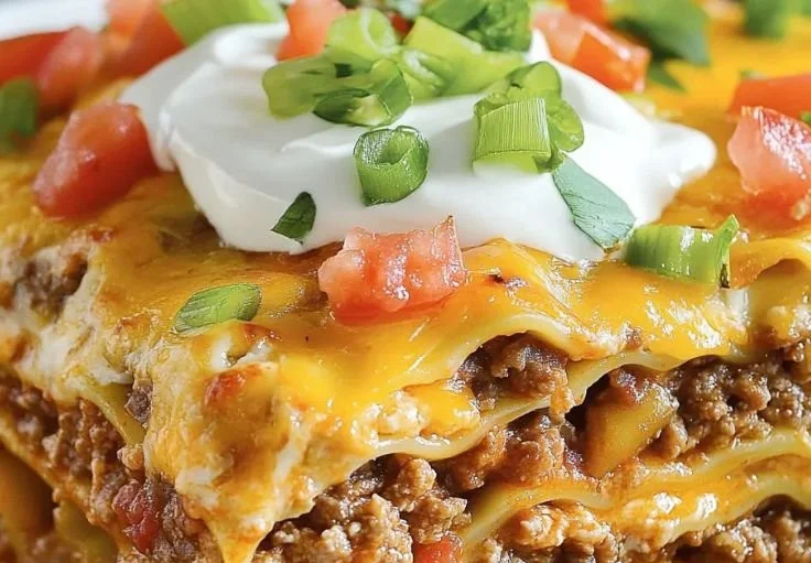 Delicious Mexican Lasagna served on a plate with toppings.