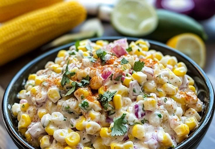 Bowl of flavorful Mexican street corn salad garnished with cilantro and lime