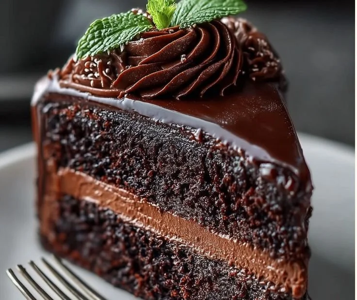 Delicious Midnight Fudge Cake topped with chocolate ganache and decorative sprinkles.