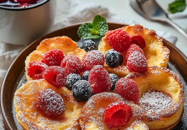 Plate of mini Dutch baby pancakes topped with fresh berries and powdered sugar