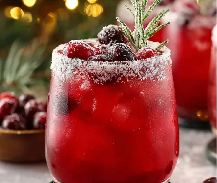 Mistletoe Margarita cocktail garnished with fresh cranberries and lime