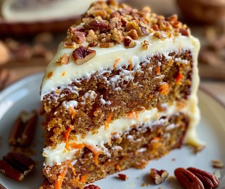 Moist homemade carrot cake topped with cream cheese frosting