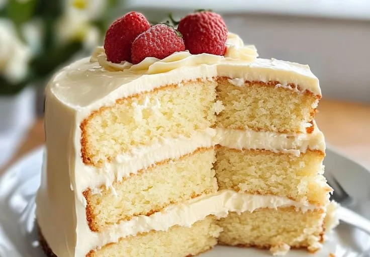 Moist vanilla cake with frosting and decorations on a plate