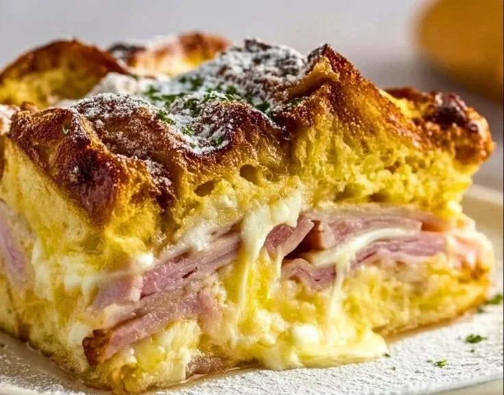 Delicious Monte Cristo Breakfast Casserole with ham, cheese, and egg layers