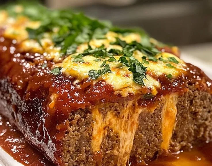 Mozzarella-stuffed meatloaf with melted cheese gooey interior on a plate