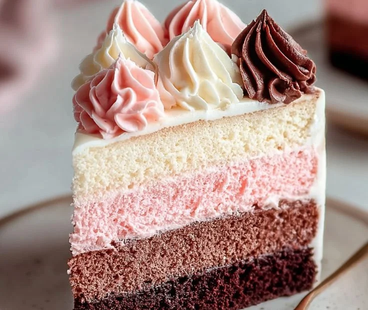 Deliciously layered Neapolitan Cake with chocolate, vanilla, and strawberry flavors.