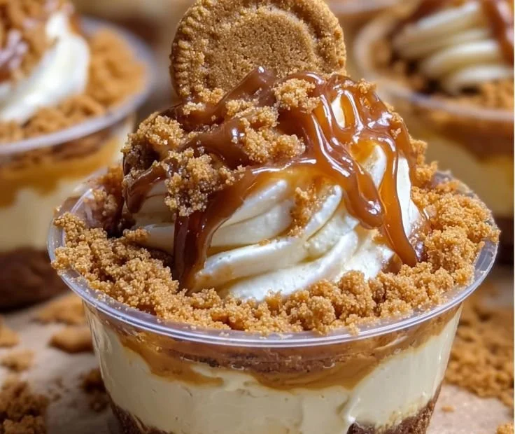 No-bake cheesecake cups topped with cookie butter in a clear cup