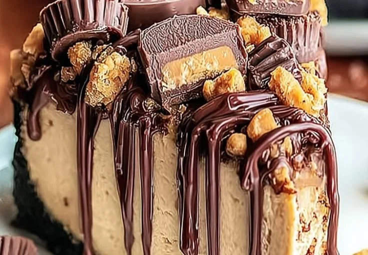 No-Bake Reese's Peanut Butter Cheesecake topped with chocolate drizzle and peanut butter cups