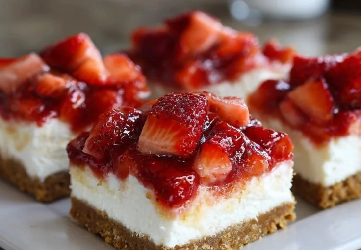 No-bake strawberry cheesecake bars topped with fresh strawberries
