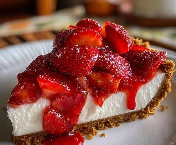 Delicious no-bake strawberry pie garnished with fresh strawberries and whipped cream
