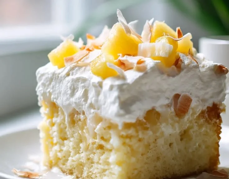 Non-alcoholic Pina Colada Tres Leches Cake garnished with tropical fruits