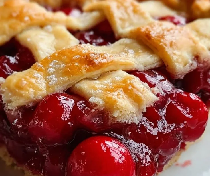 Slice of Old-Fashioned Poor Man's Cherry Pie topped with whipped cream