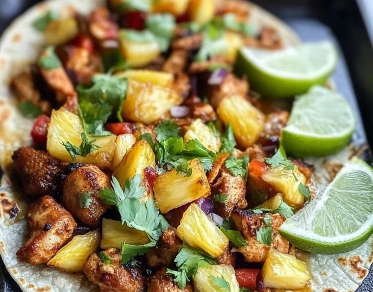 Delicious one-pan chicken and pineapple tacos ready to serve