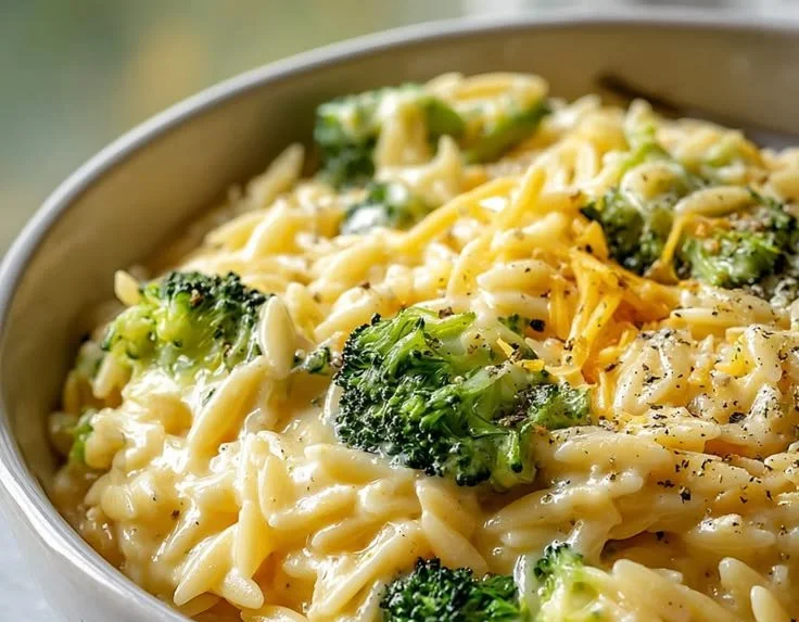 Creamy broccoli cheddar orzo served in a bowl with fresh parsley garnish